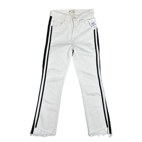 MOTHER Insider Crop Step Fray Whipping The Racer Striped White Jeans Womens 25